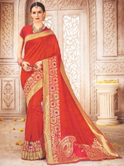Red Banarasi Silk Embroidery Traditional Sarees