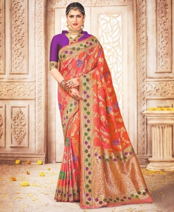 Dark Pink Banarasi Silk Embroidery Traditional Sarees