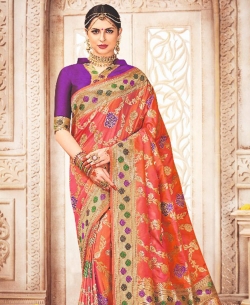 Dark Pink Banarasi Silk Embroidery Traditional Sarees