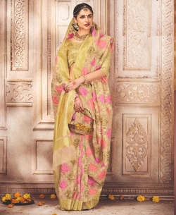 Cream Banarasi Silk Embroidery Traditional Sarees