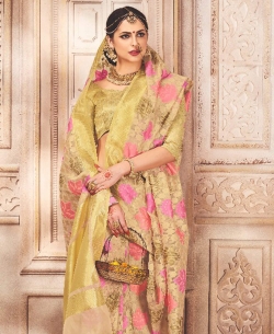 Cream Banarasi Silk Embroidery Traditional Sarees