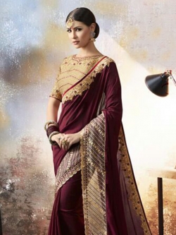 Dark Maroon Georgette Thread Embroidery Border Sarees