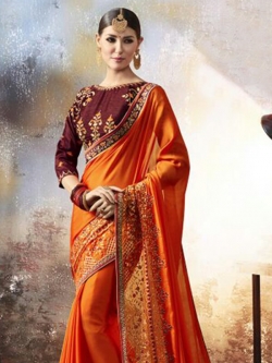 Orange Georgette Thread Embroidery Border Sarees
