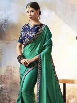 Rama Green Georgette Thread Embroidery Border Sarees