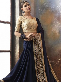 Navy Blue Georgette Thread Embroidery Border Sarees
