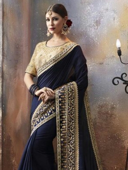 Navy Blue Georgette Thread Embroidery Border Sarees