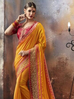 Yellow Georgette Thread Embroidery Border Sarees