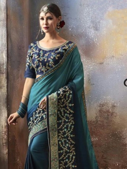 Rama Green Georgette Thread Embroidery Border Sarees