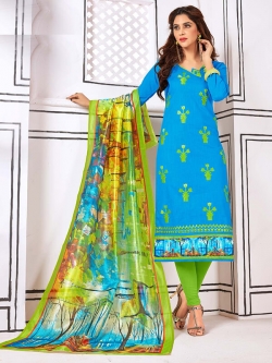 Sky Blue Cotton Embroidery Chudidhar Suits