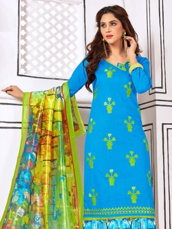 Sky Blue Cotton Embroidery Chudidhar Suits