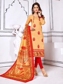 Beige Cotton Embroidery Chudidhar Suits