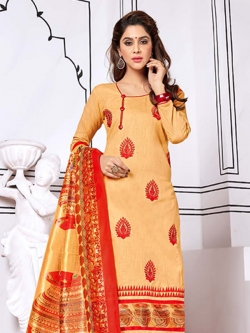 Beige Cotton Embroidery Chudidhar Suits