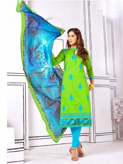 Green Cotton Embroidery Chudidhar Suits