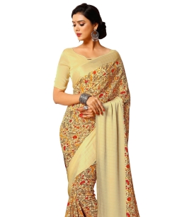 Beige Georgette, Satin Printed Regular Sarees