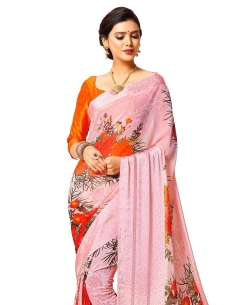 Pink Georgette, Satin Floral Printed Regular Sarees
