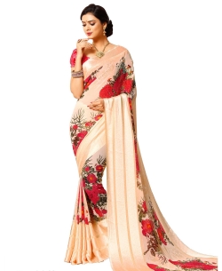 Cream Georgette, Satin Floral Printed Regular Sarees