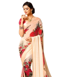 Cream Georgette, Satin Floral Printed Regular Sarees