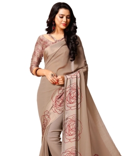 Brown Georgette, Satin Floral Printed Regular Sarees
