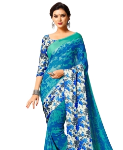 Blue Georgette, Satin Floral Printed Regular Sarees