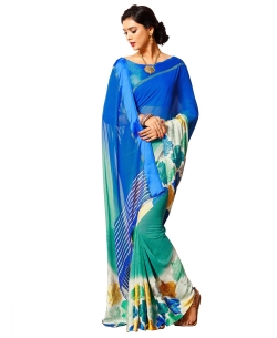Blue And Green Georgette, Satin Floral Printed Regular Sarees