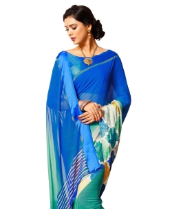 Blue And Green Georgette, Satin Floral Printed Regular Sarees