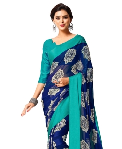 Blue Georgette, Satin Floral Printed Regular Sarees