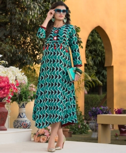 Green Rayon Printed Anarkali Kurtis