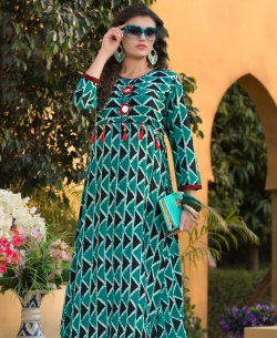 Green Rayon Printed Anarkali Kurtis