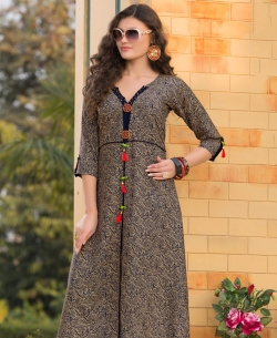 Grey Rayon Printed Anarkali Kurtis