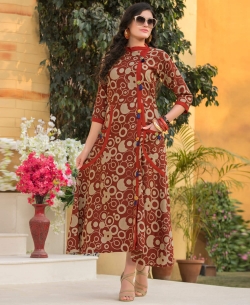 Brown Rayon Printed Anarkali Kurtis