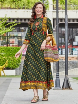 Green Cotton Printed Anarkali Kurtis