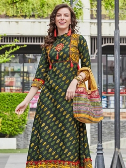 Green Cotton Printed Anarkali Kurtis
