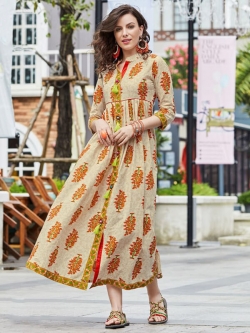 Beige Cotton Printed Anarkali Kurtis