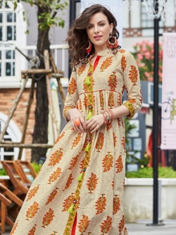 Beige Cotton Printed Anarkali Kurtis