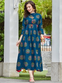Rama Green Cotton Printed Anarkali Kurtis