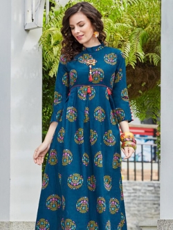 Rama Green Cotton Printed Anarkali Kurtis
