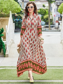 Cream Cotton Printed Anarkali Kurtis