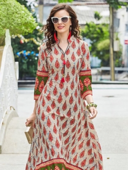 Cream Cotton Printed Anarkali Kurtis