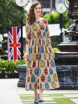 Cream Cotton Printed Anarkali Kurtis