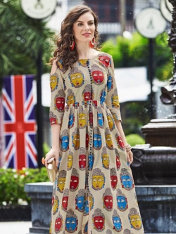 Cream Cotton Printed Anarkali Kurtis