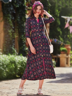 Navy Blue Cotton Printed Anarkali Kurtis