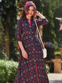 Navy Blue Cotton Printed Anarkali Kurtis