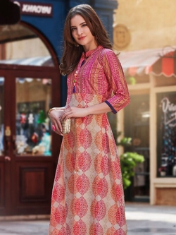 Pink Cotton Printed Anarkali Kurtis
