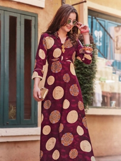 Maroon Cotton Printed Anarkali Kurtis