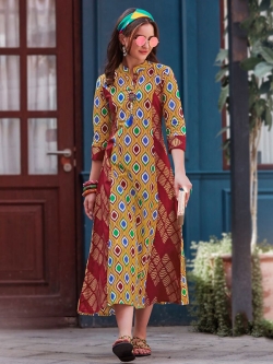 Yellow Cotton Printed Anarkali Kurtis