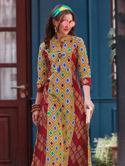 Yellow Cotton Printed Anarkali Kurtis