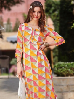 Peach Cotton Printed Anarkali Kurtis