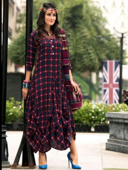 Navy Blue Rayon Printed Anarkali Kurtis