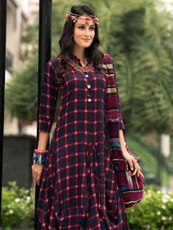 Navy Blue Rayon Printed Anarkali Kurtis