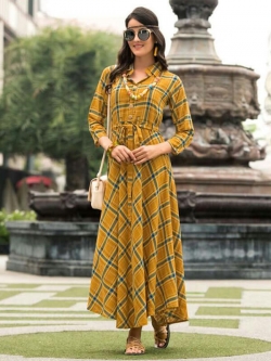 Yellow Rayon Printed Anarkali Kurtis